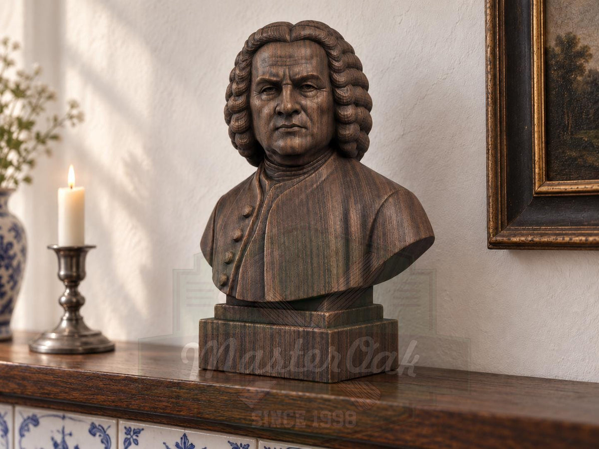 Johann Sebastian Bach Bust, Hand-Finished Wood Sculpture | Baroque Composer Decor