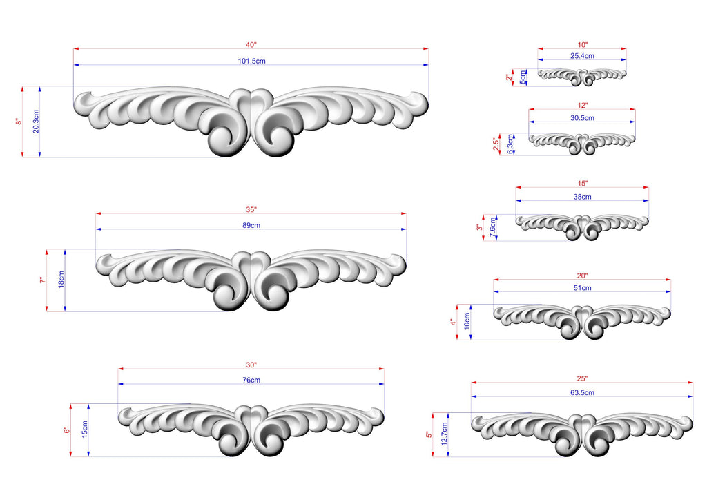 a collection of seven different designs or images, each accompanied by its own set of measurements and scale factors. The designs are depicted in a detailed manner, with each one clearly visible and accurately represented. The accompanying measurements provide a clear understanding of the size and dimensions of each design, allowing for a precise comparison between the different images.