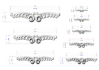 a collection of seven different designs or images, each accompanied by its own set of measurements and scale factors. The designs are depicted in a detailed manner, with each one clearly visible and accurately represented. The accompanying measurements provide a clear understanding of the size and dimensions of each design, allowing for a precise comparison between the different images.