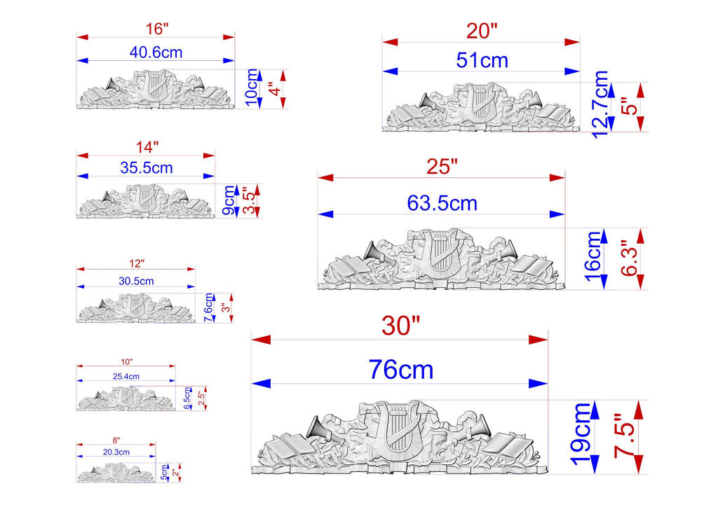 a series of illustrations or designs, each with its own size and scale. The illustrations are labeled with their respective measurements, such as 16", 40", 75", and 30", providing a clear visual representation of the sizes of the elements within the designs.