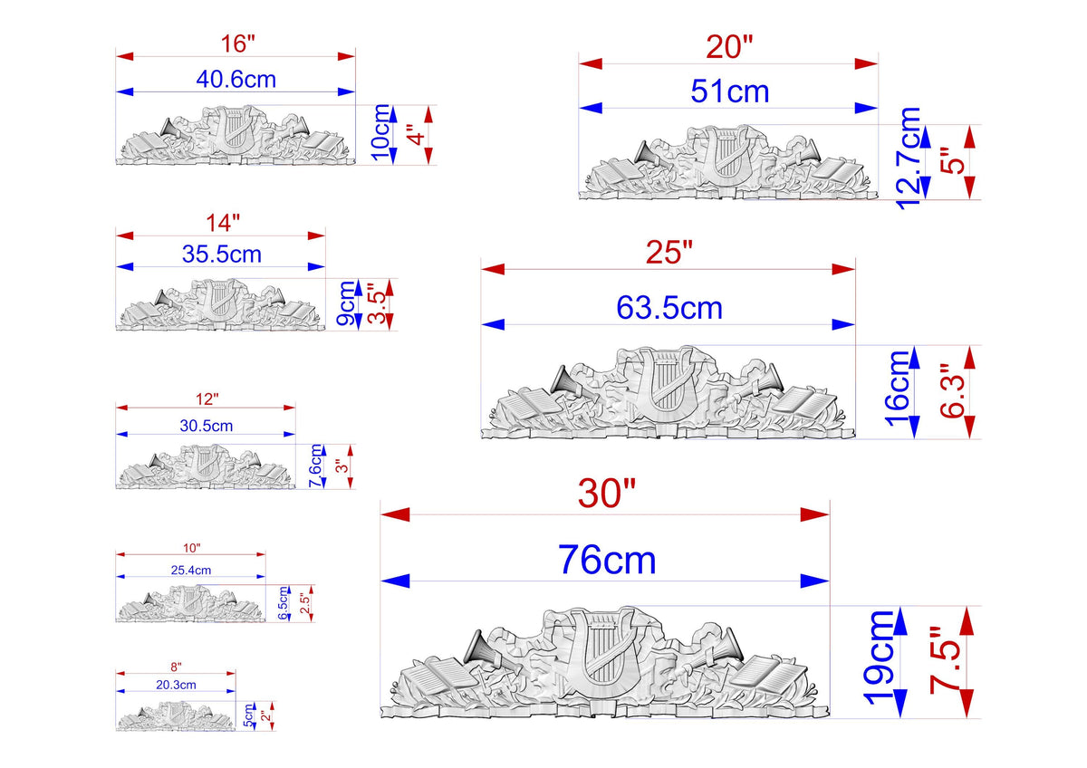 a series of illustrations or designs, each with its own size and scale. The illustrations are labeled with their respective measurements, such as 16", 40", 75", and 30", providing a clear visual representation of the sizes of the elements within the designs.