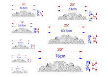 Load image into Gallery viewer, a series of illustrations or designs, each with its own size and scale. The illustrations are labeled with their respective measurements, such as 16", 40", 75", and 30", providing a clear visual representation of the sizes of the elements within the designs.
