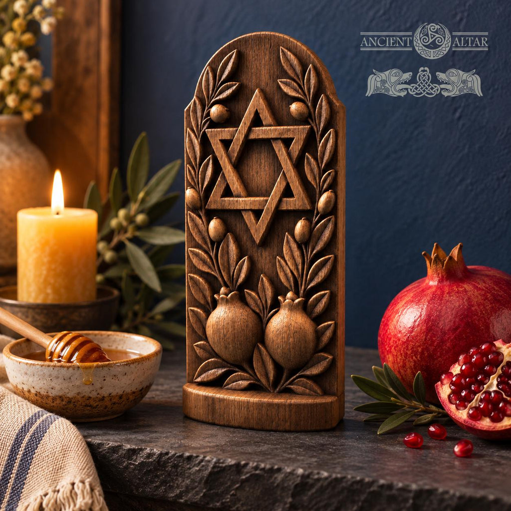 Star of David Oak Wood Sculpture with Olive Branches and Pomegranates, Judaica Home Decor, Jewish Wedding and Housewarming Gift