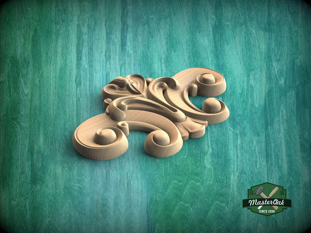 A wooden carving with an intricate, swirling design sits on a green textured background.