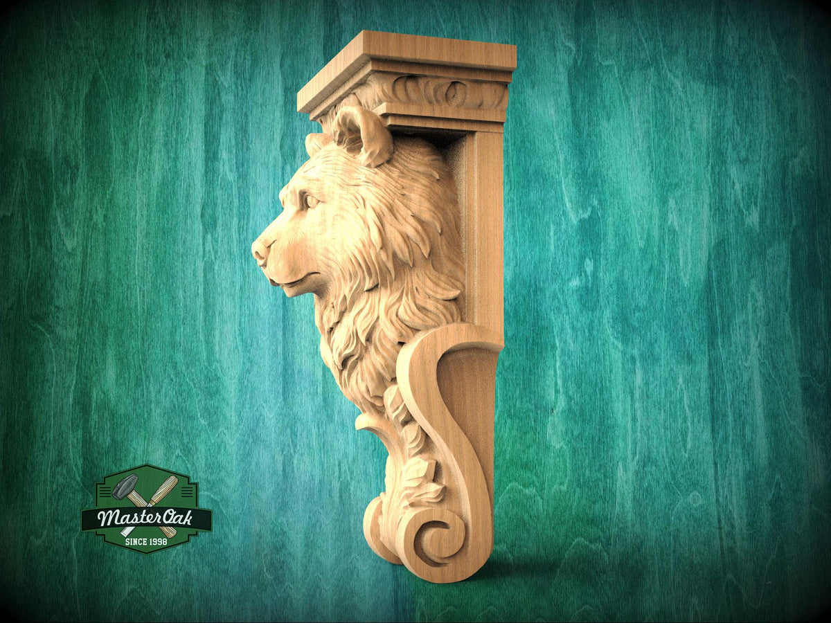 A carved wooden lion head mounted on a wall, with a green background.