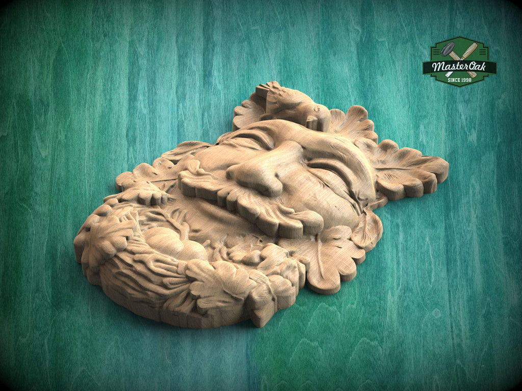 Greenman Wood Carving Onlay – Folklore Face with Bird Nest, Carved Decorative Applique