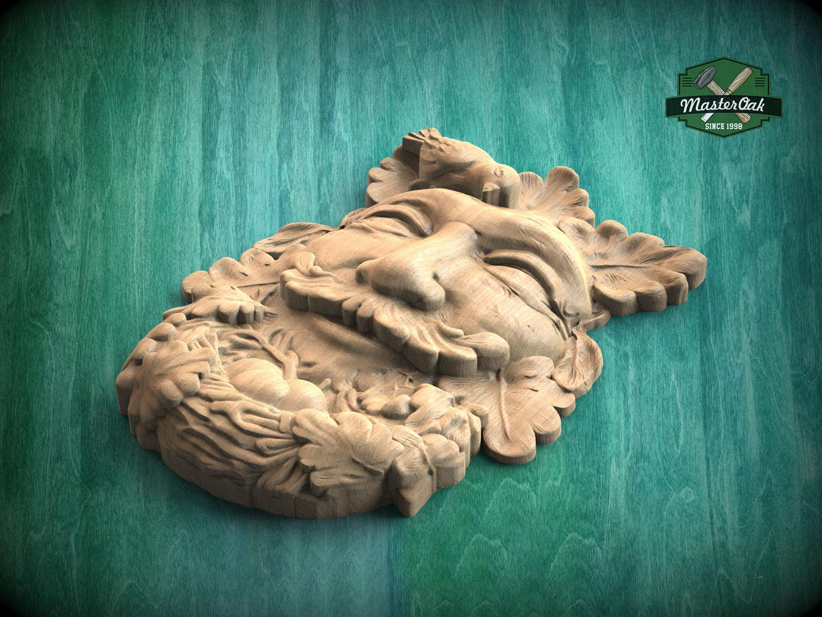 Greenman Wood Carving Onlay – Folklore Face with Bird Nest, Carved Decorative Applique