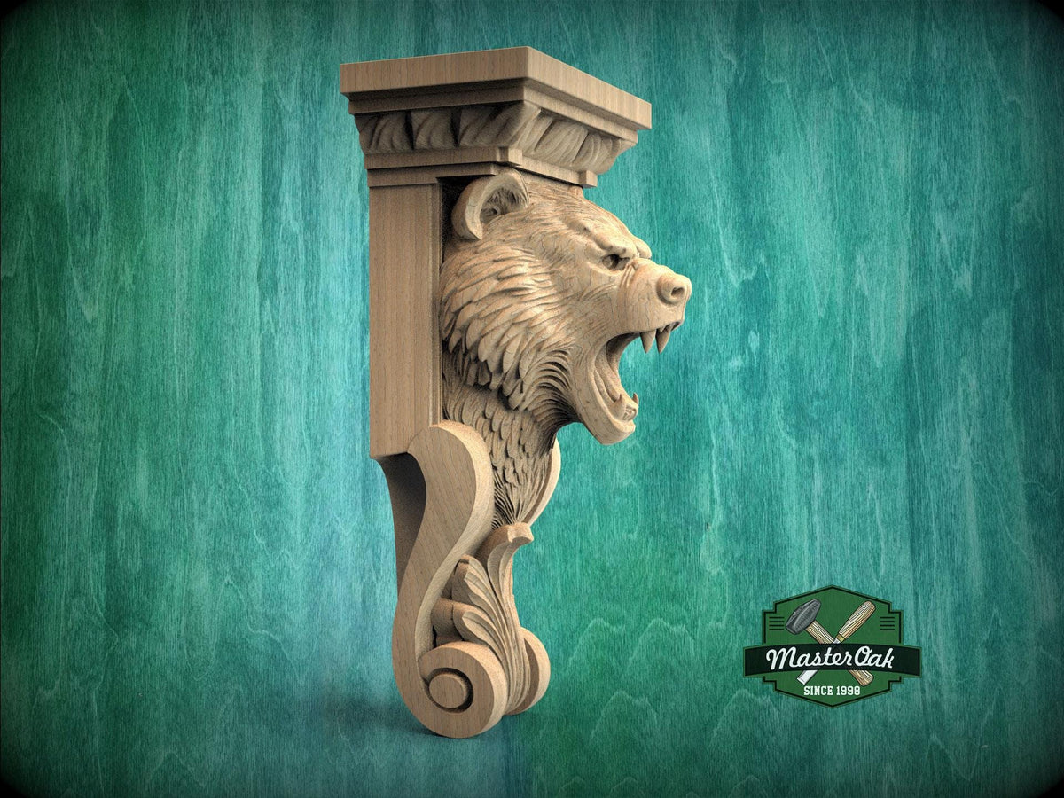 Roaring Bear Support Bracket– Rustic Wood Corbel for Mantel or Cabinet