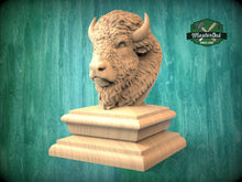 Load image into Gallery viewer, Carved wooden American Bison finial with buffalo head on decorative base, designed as a topper for newel posts, bed posts, or furniture columns
