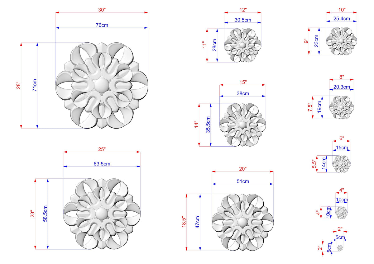 a collection of various sizes of flower-like designs, each with its own set of dimensions and measurements. The images are arranged in a grid format, providing a visual representation of the different sizes and shapes of the floral designs.