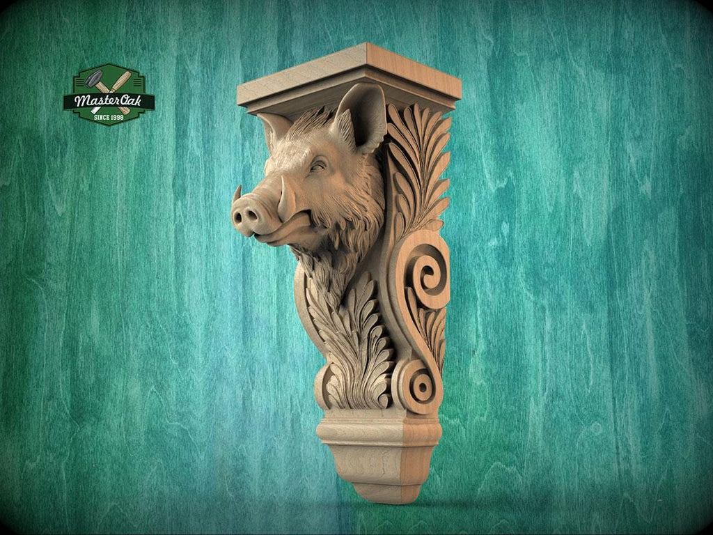 Boar Corbel — Ornamental Wooden Bracket with Wild Boar Motif