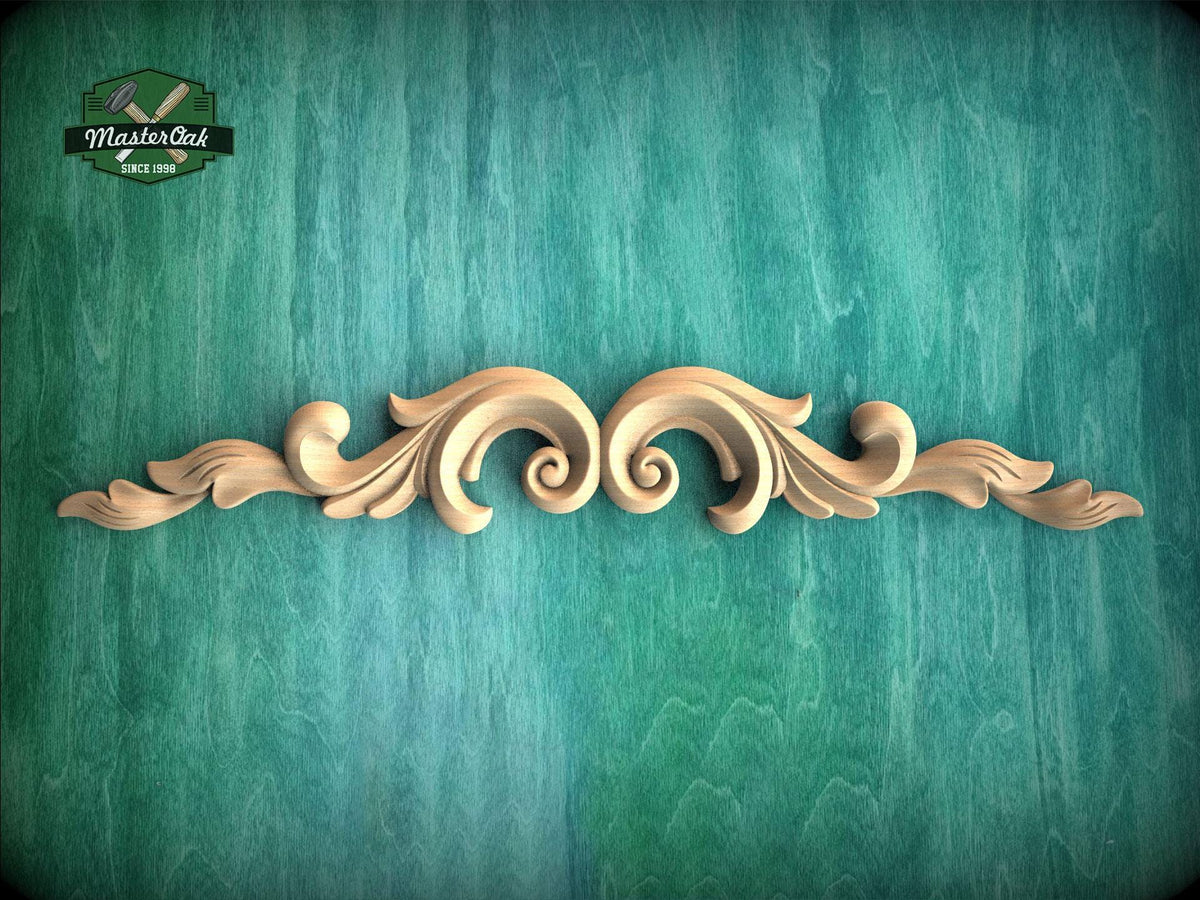 A decorative wooden scrollwork piece with intricate scrollwork and floral elements is displayed against a green textured background.