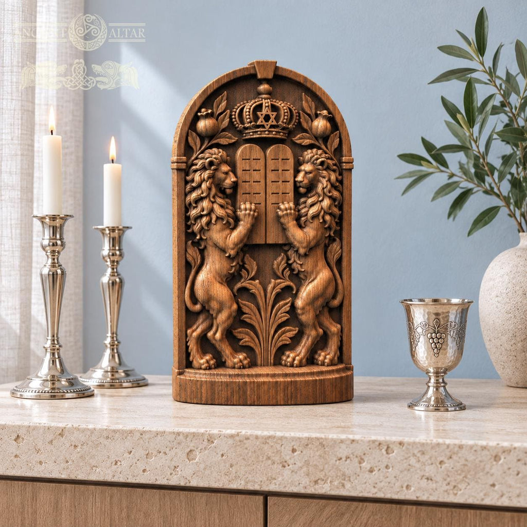 Lions and Tablets Judaica Sculpture, Solid Oak Ten Commandments Decor, Star of David and Crown, Jewish Housewarming Gift