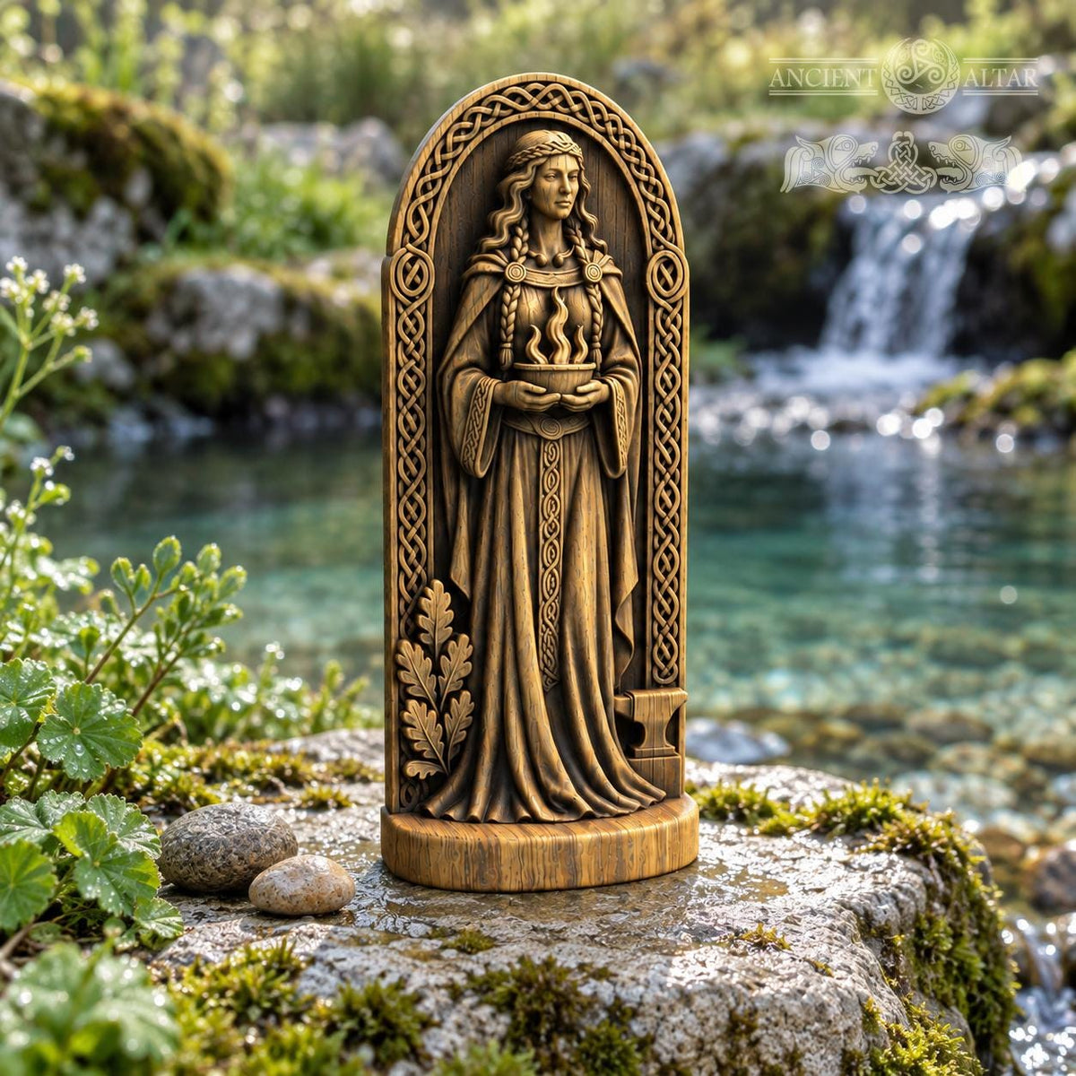 Brigid Statue with Sacred Flame and Anvil, Wooden Celtic Goddess Figurine, Imbolc Altar Decor, Irish Pagan Smithcraft Gift