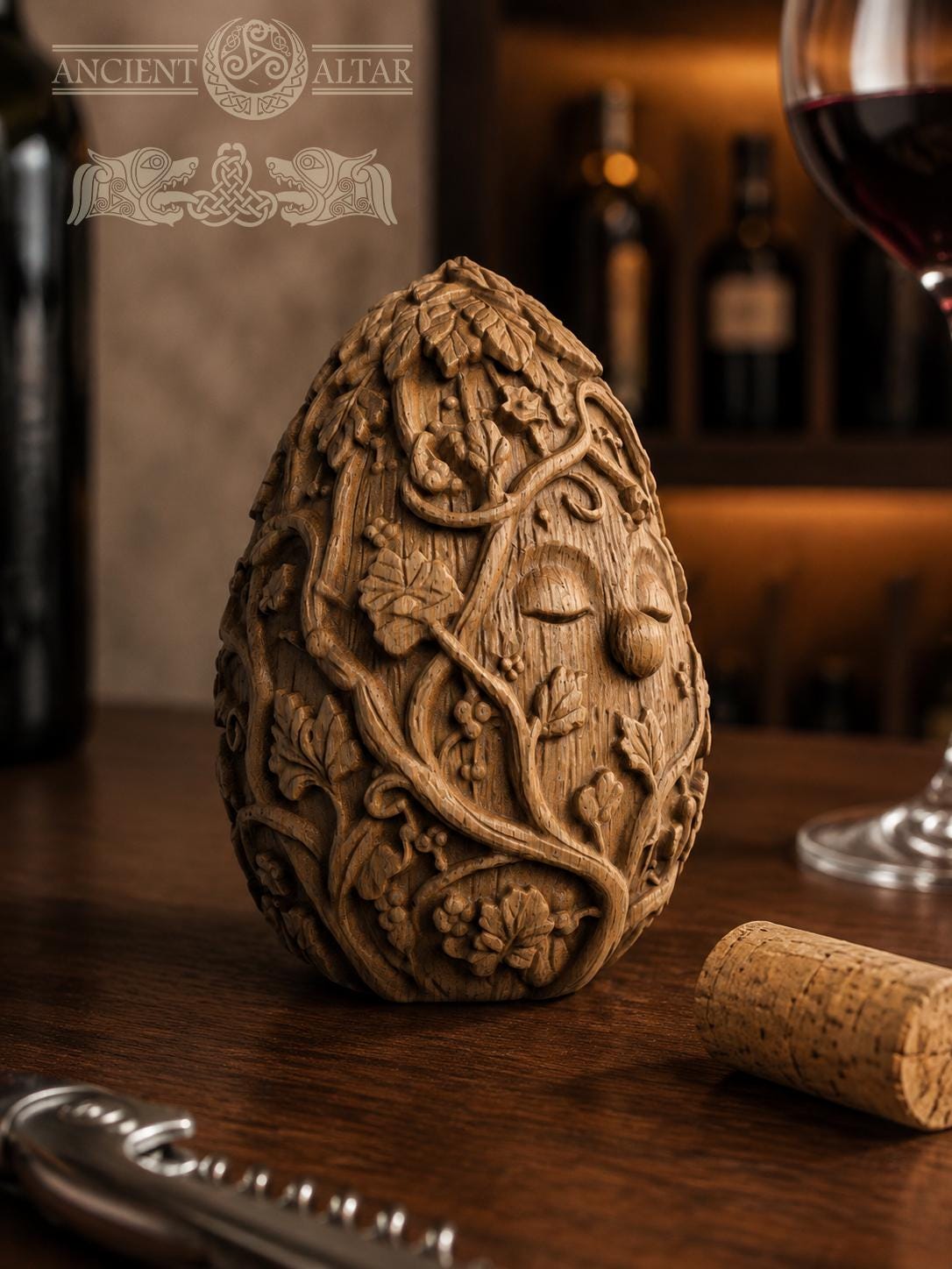 Wine Spirit Figurine, Carved Oak Vineyard Guardian, Wine Cellar Decor, Grape Vine Sculpture, Gift for Wine Lover, 2.76 Inch