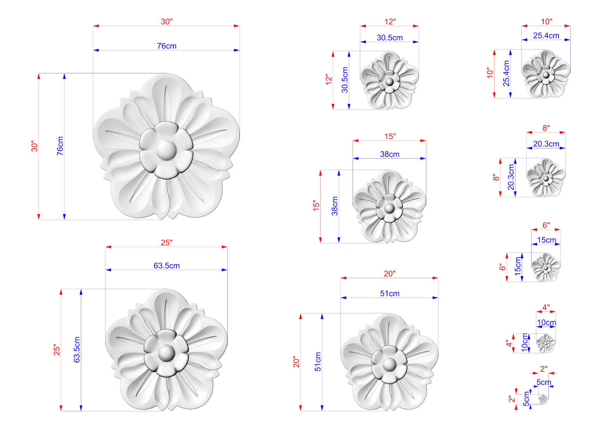 various sizes of white flower-like sculptures, each with its own set of dimensions and measurements. The sculptures are arranged in a grid-like pattern, providing a visual representation of the different sizes available.