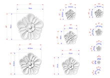 Load image into Gallery viewer, various sizes of white flower-like sculptures, each with its own set of dimensions and measurements. The sculptures are arranged in a grid-like pattern, providing a visual representation of the different sizes available.
