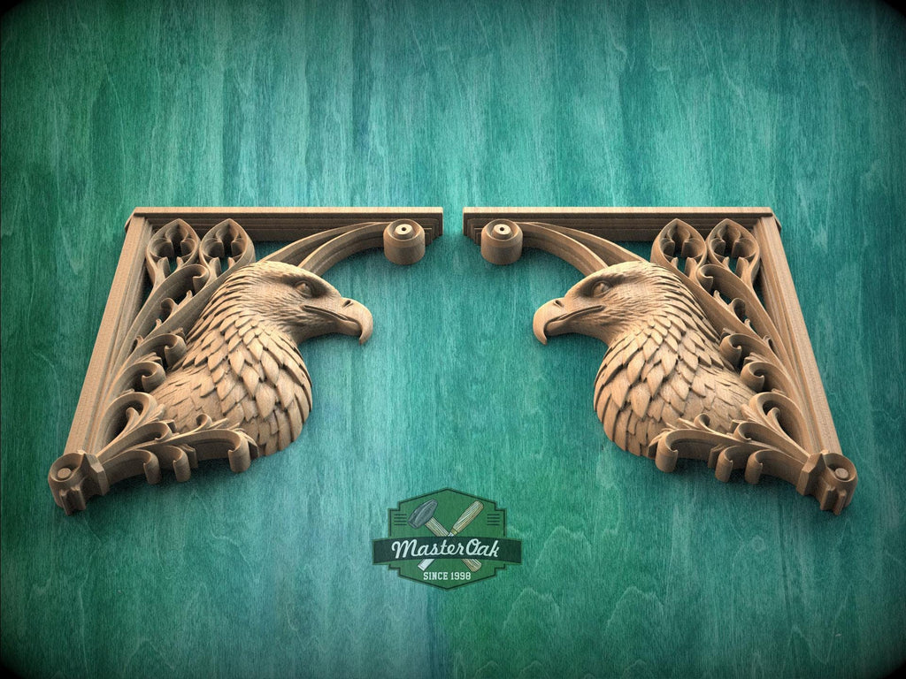 Carved Wood Eagle Corner Onlays, Mirrored Pair with Gothic Scrollwork