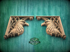 Carved Wood Eagle Corner Onlays, Mirrored Pair with Gothic Scrollwork