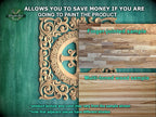 The image is a promotional advertisement for Master Oak, a company that sells wood products. It features a close-up of a wooden panel with intricate carvings, along with a sample of a multi-toned wood panel. The text on the image encourages viewers to save money by painting the product, highlighting the differences between the sample and the actual product. The text also mentions that the product texture and color may vary from the sample shown, and that adjacent pieces have different shades.