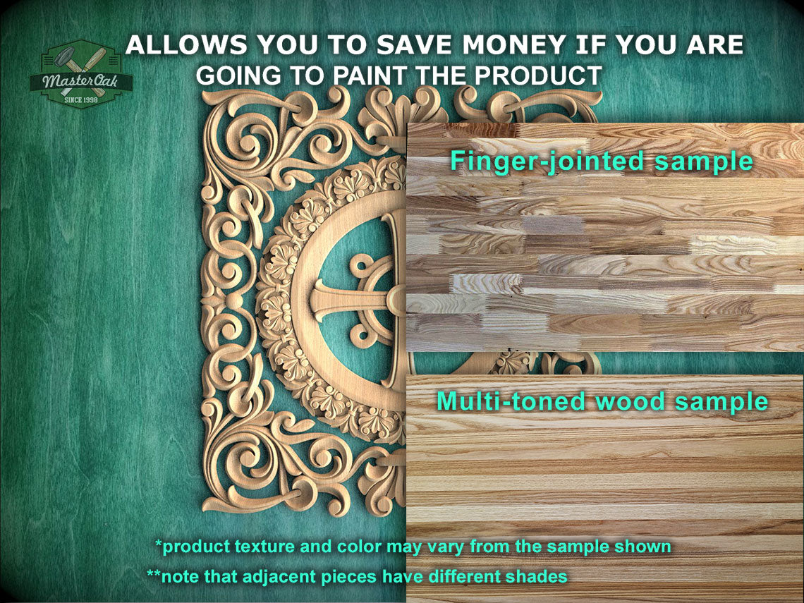 The image is a promotional advertisement for Master Oak, a company that sells wood products. It features a close-up of a wooden panel with intricate carvings, along with a sample of a multi-toned wood panel. The text on the image encourages viewers to save money by painting the product, highlighting the differences between the sample and the actual product. The text also mentions that the product texture and color may vary from the sample shown, and that adjacent pieces have different shades.