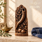 Shofar Oak Wood Relief with Pomegranates and Olive Branches, Judaica Sculpture, Rosh Hashanah Decor, Jewish Housewarming Gift