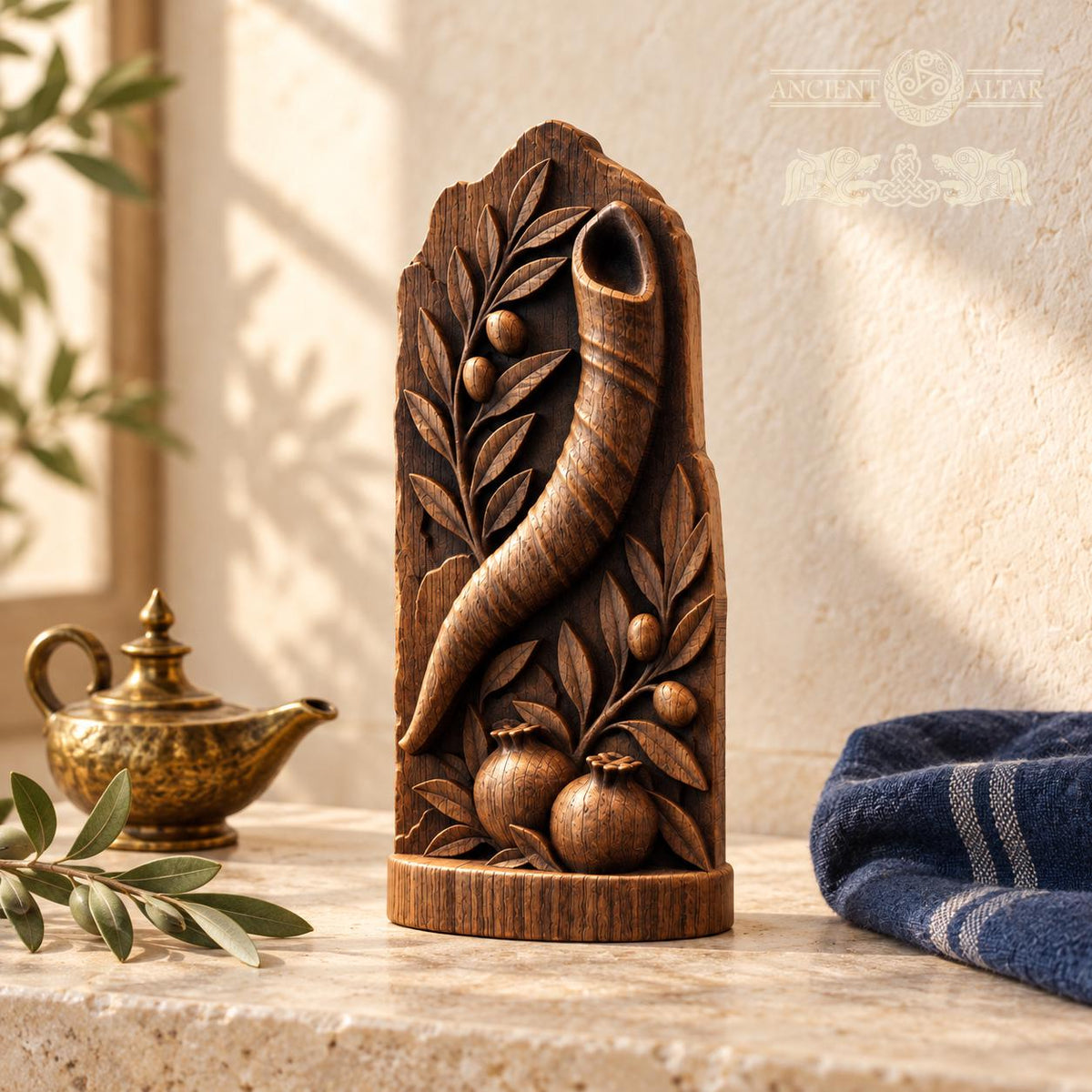 Shofar Oak Wood Relief with Pomegranates and Olive Branches, Judaica Sculpture, Rosh Hashanah Decor, Jewish Housewarming Gift