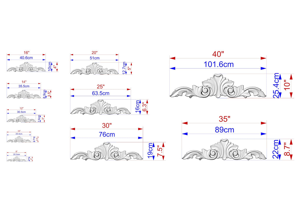 a series of decorative elements, including ornamental designs and measurements, likely used for scale purposes. The elements are depicted in various sizes, ranging from small to large, and are arranged in a grid-like pattern. The image does not contain any text, and the descriptions provided are concise and avoid redundancy.
