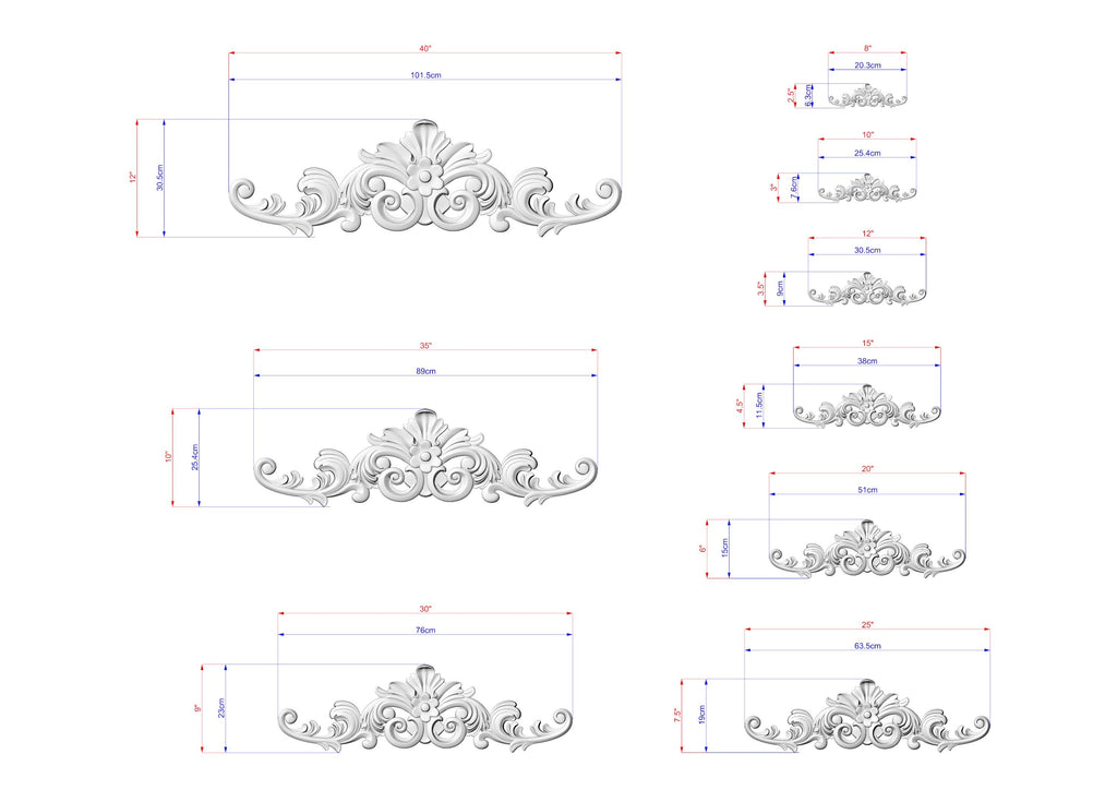 a collection of ornate, decorative designs with accompanying measurements. The designs are intricate and visually appealing, likely intended for use in various applications such as furniture, wall decor, or other decorative elements. The measurements provided allow for a better understanding of the design's dimensions and scale.