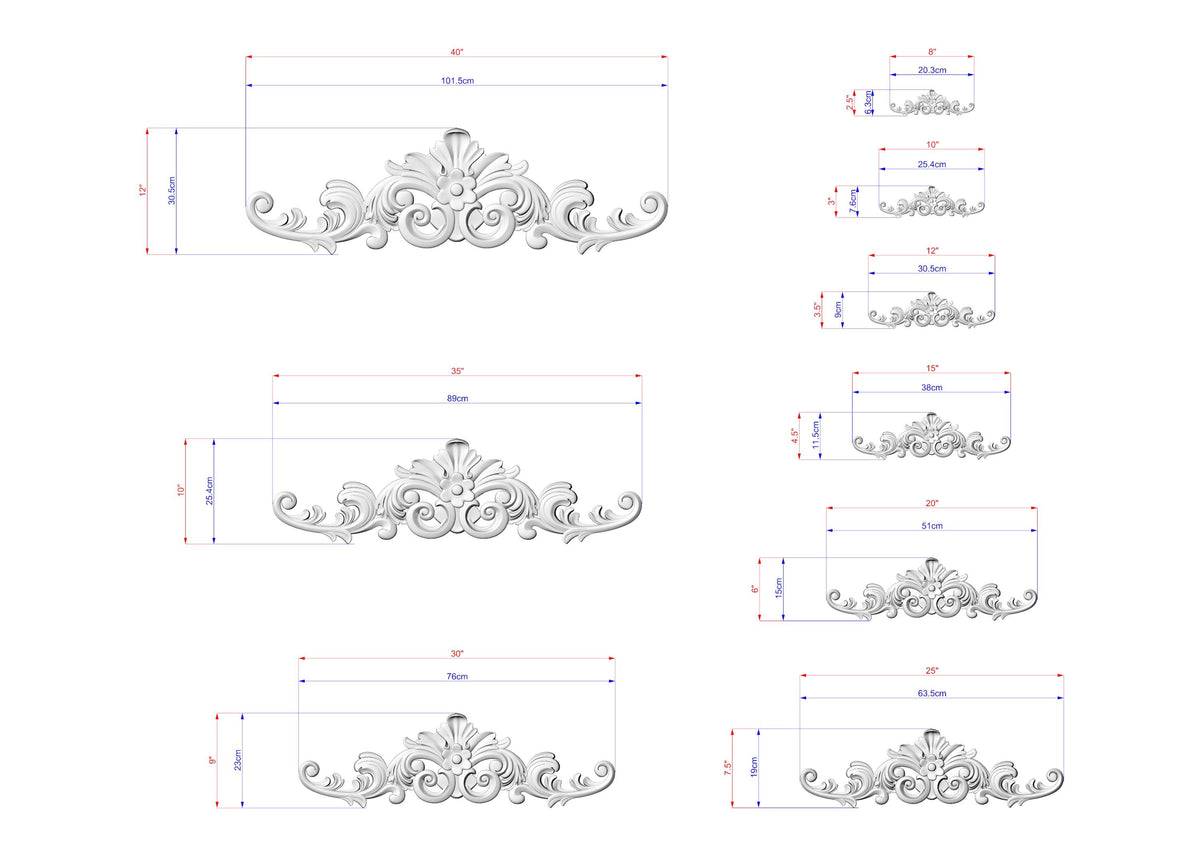 a collection of ornate, decorative designs with accompanying measurements. The designs are intricate and visually appealing, likely intended for use in various applications such as furniture, wall decor, or other decorative elements. The measurements provided allow for a better understanding of the design's dimensions and scale.