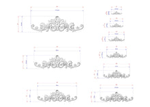Load image into Gallery viewer, a collection of ornate, decorative designs with accompanying measurements. The designs are intricate and visually appealing, likely intended for use in various applications such as furniture, wall decor, or other decorative elements. The measurements provided allow for a better understanding of the design&#39;s dimensions and scale.
