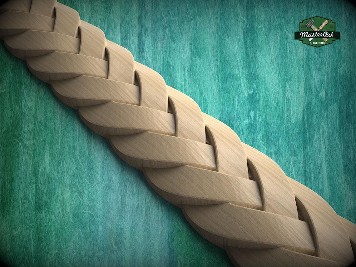 A close-up view of a wooden braided pattern against a teal background.