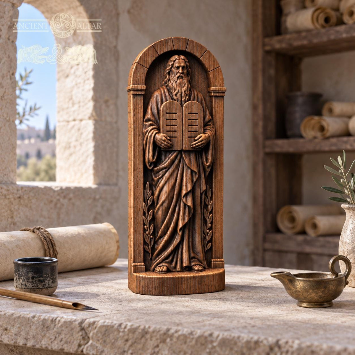 Moses with Ten Commandments Statue, Solid Oak Biblical Sculpture, Tablets of the Law, Judaica Home Decor, Religious Gift