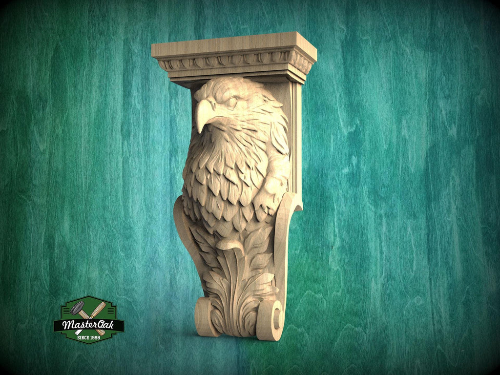 A carved wooden eagle sculpture is displayed against a green background.