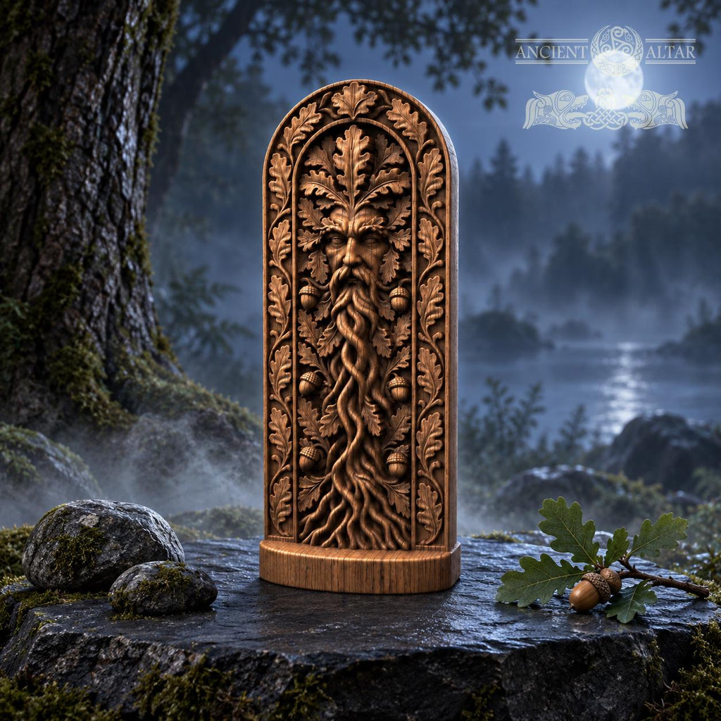 Green Man Sculpture with Twisting Roots, Solid Oak Forest Guardian, Woodland Altar Statue, Acorn and Leaf Decor, Pagan Gift