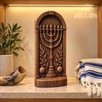 Menorah Oak Wood Sculpture, Seven Branch Menorah with Olive Branches and Pomegranates, Judaica Decor, Jewish Housewarming Gift