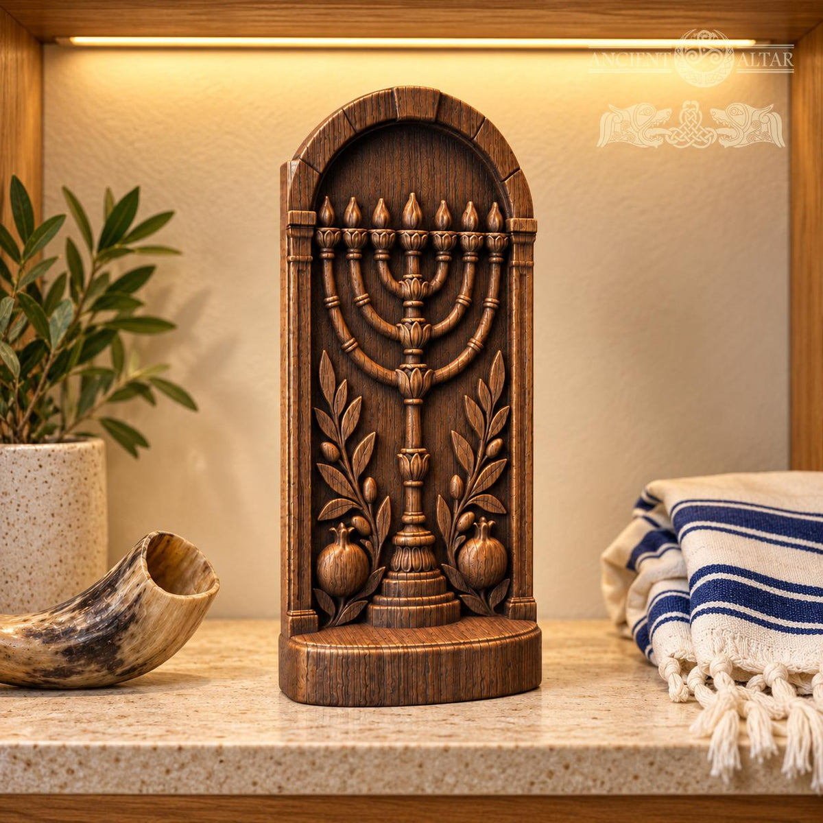 Menorah Oak Wood Sculpture, Seven Branch Menorah with Olive Branches and Pomegranates, Judaica Decor, Jewish Housewarming Gift