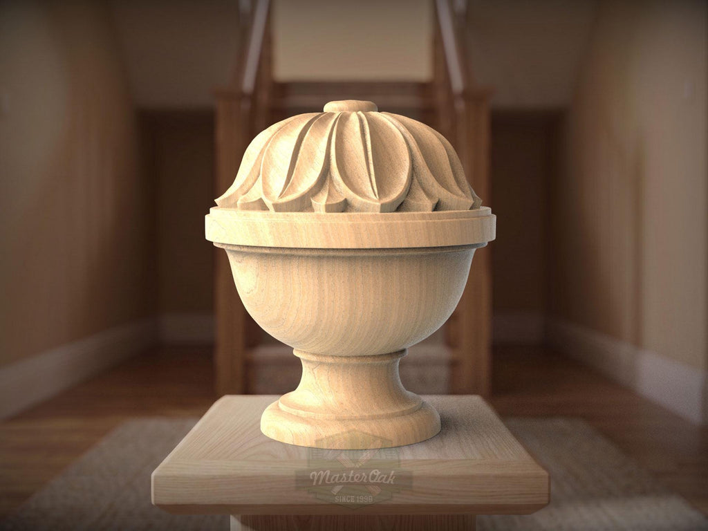 Wood Newel Finial, Decorative Post Cap with Carved Petal Crown