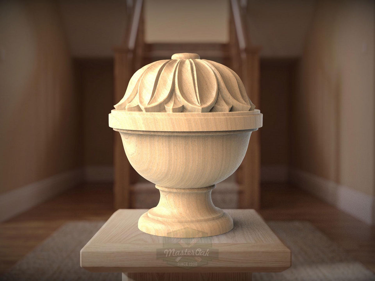 Wood Newel Finial, Decorative Post Cap with Carved Petal Crown