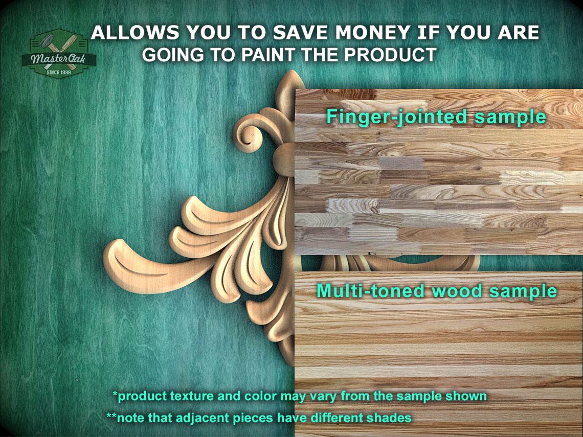 The image is a promotional advertisement for Master Oak's paint product, featuring a close-up of a wooden panel with a decorative design and a sample of the product.