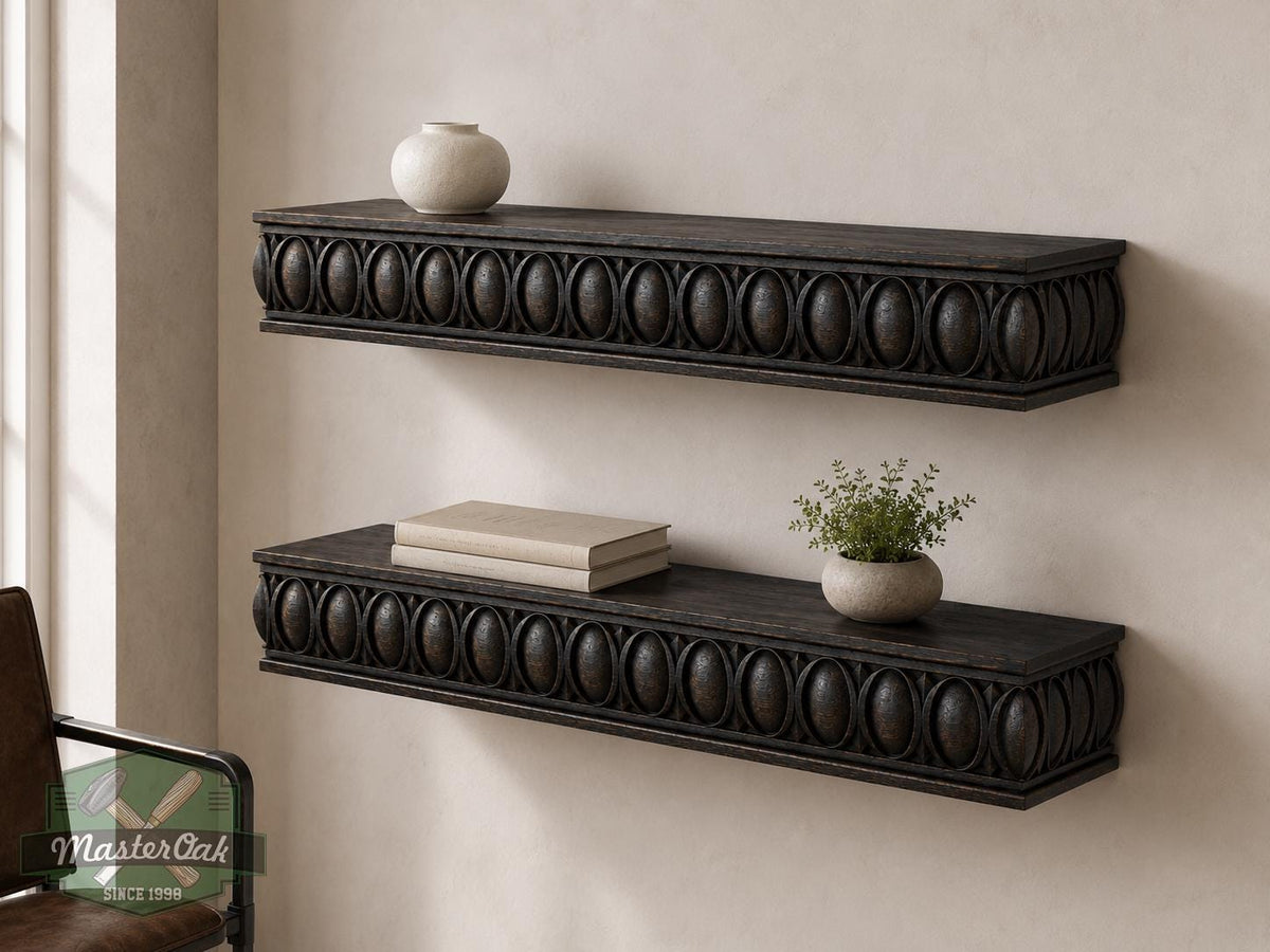 Carved Solid Oak Wall Shelf with Oval Medallion Pattern, Ornate Floating Shelf, Classical Wood Display Shelf, Traditional Home Decor