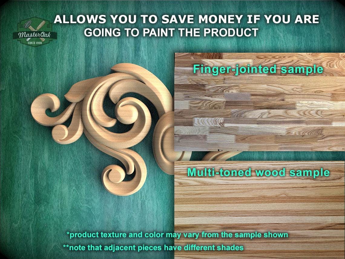 The image is a promotional advertisement for Master Oak, a company that sells wood products. It features a close-up of a wooden carving and a sample of wood with different textures and colors. The text on the image encourages viewers to save money by painting the product, highlighting the variety of textures and colors available.