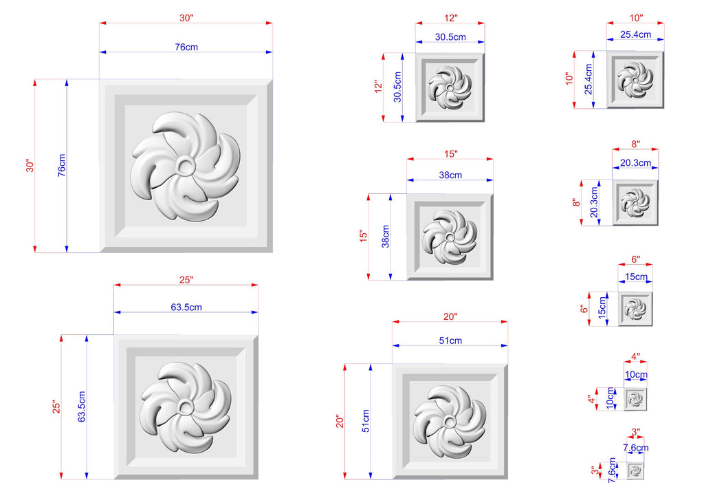 various sizes of white decorative elements, such as a flower or a swirl design, with corresponding measurements provided in centimeters.