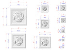 various sizes of white decorative elements, such as a flower or a swirl design, with corresponding measurements provided in centimeters.