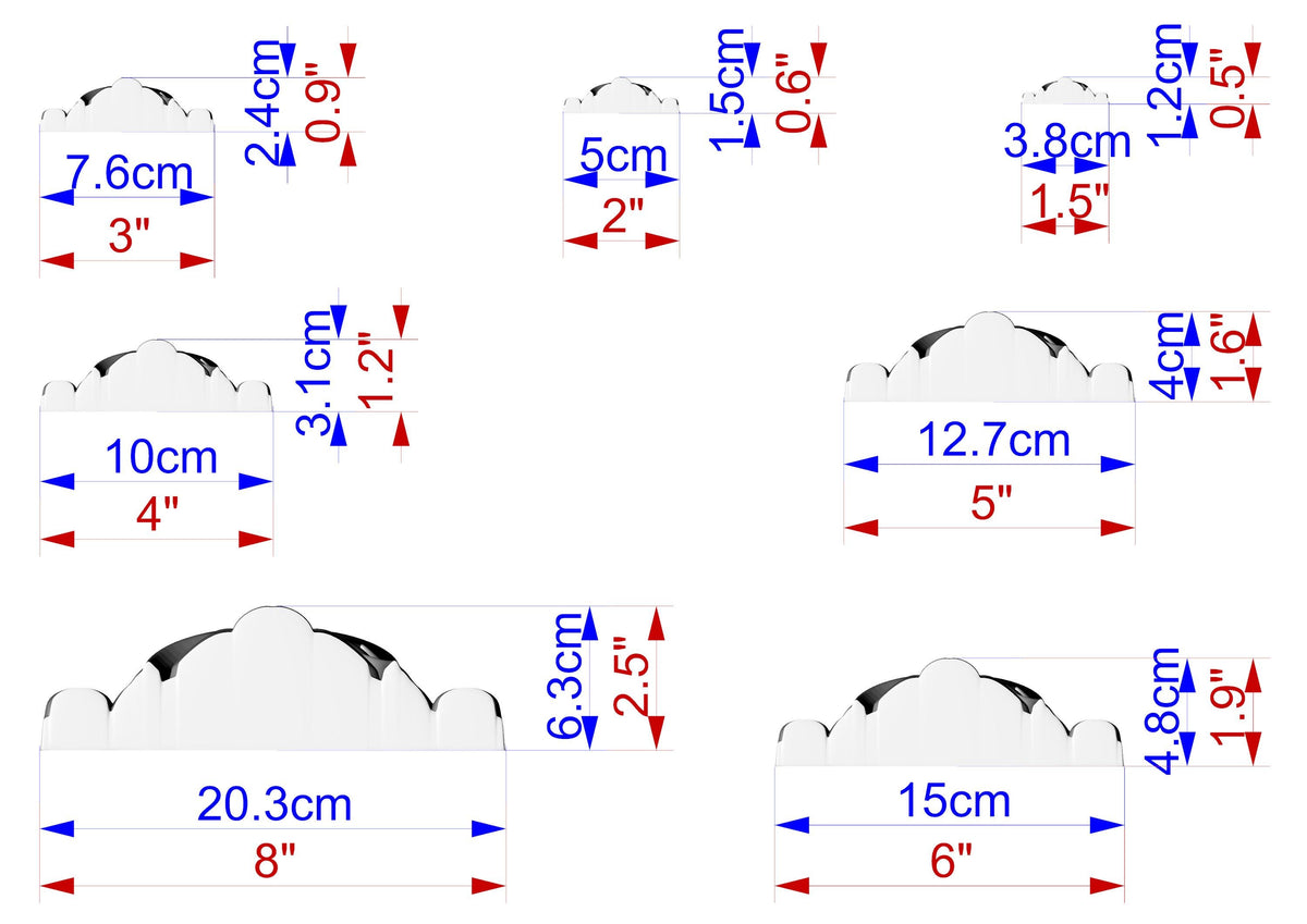 a series of six different sizes of a white object, each labeled with its corresponding measurement in centimeters. The sizes are from 7.6 cm to 3.8 cm, with intermediate measurements such as 10 cm, 12.7 cm, and 15 cm. The image is a collage of these six images, and the text provides the size of each object in centimeters.