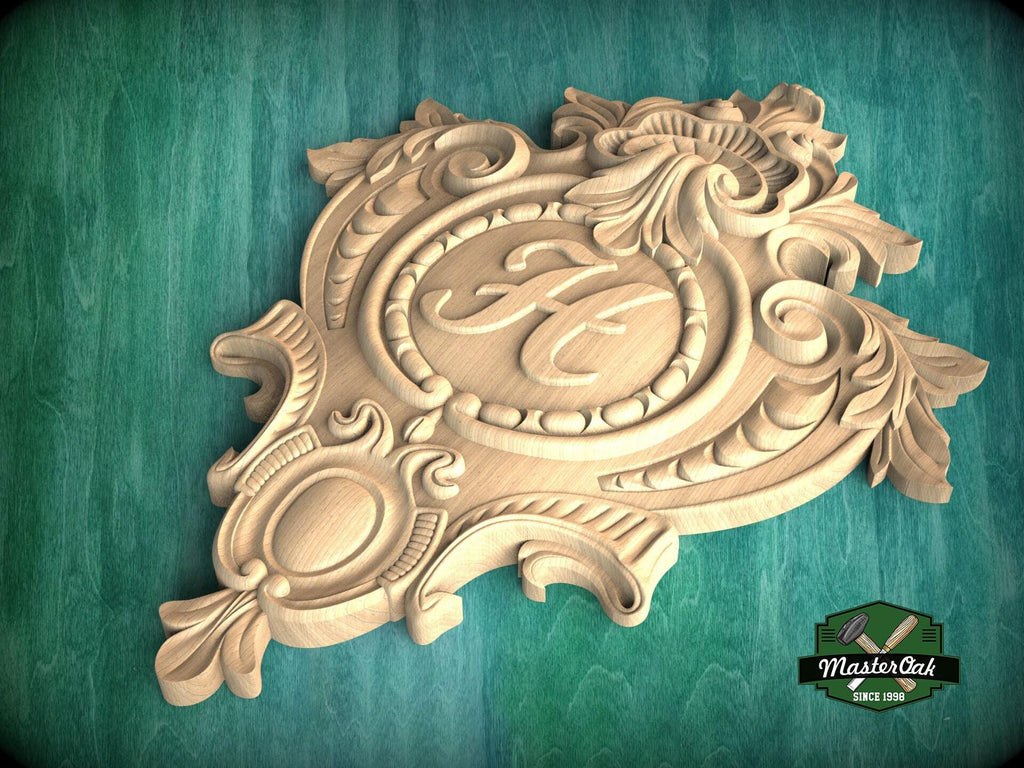 Personalized  Shield Wooden Onlay – Victorian Floral Wood Carving, 1 pc, Unpainted, Home Wall Embellishments, Carved Wood Applique