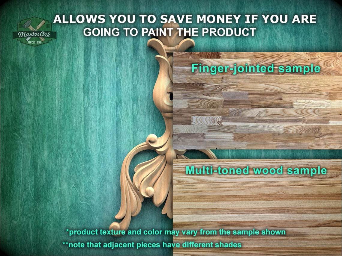 The image is a promotional advertisement for Master Oak Paint, featuring a wooden sample of a product and a finger-joined sample. The text on the image indicates that the product texture and color may vary from the sample shown, and that adjacent pieces have different shades.