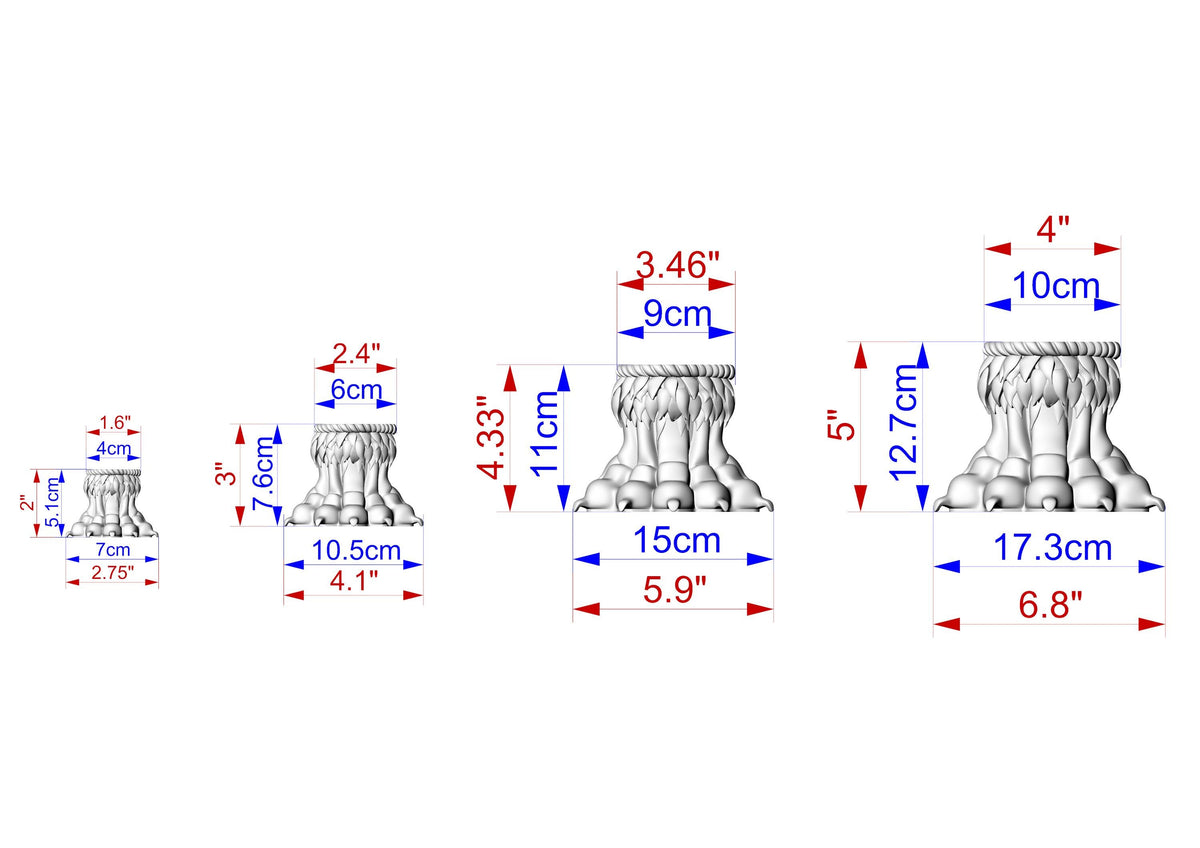 a series of three different sizes of a sculpture, each with its own set of measurements and dimensions. The sizes are labeled with numbers and corresponding measurements, such as 3.46 cm, 4.17 cm, and 6.75 cm. The image is a collage of three separate images, each depicting a different size of the sculpture.