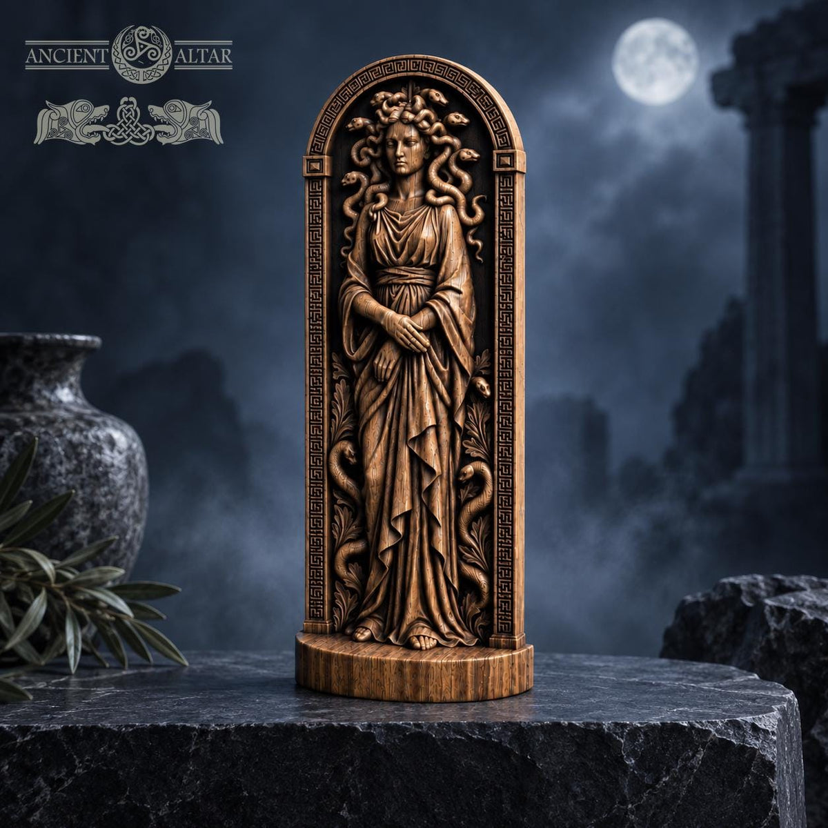 Medusa Wooden Statue, Greek Gorgon Figurine with Snakes, Ancient Mythology Sculpture, Dark Academia Decor, Pagan Altar Gift