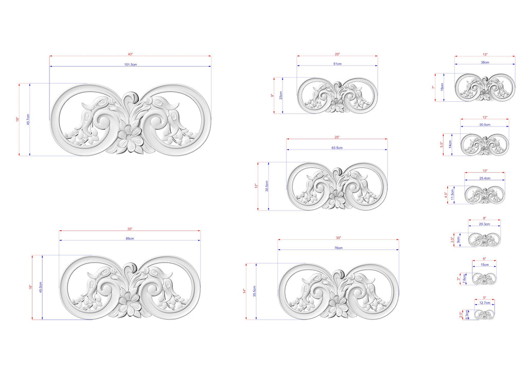 various sizes of ornate, decorative designs with intricate floral and scrollwork elements. The designs are presented in a grid format, with each design having its own set of measurements and dimensions. The image does not contain any text or additional elements that would require a more detailed description.